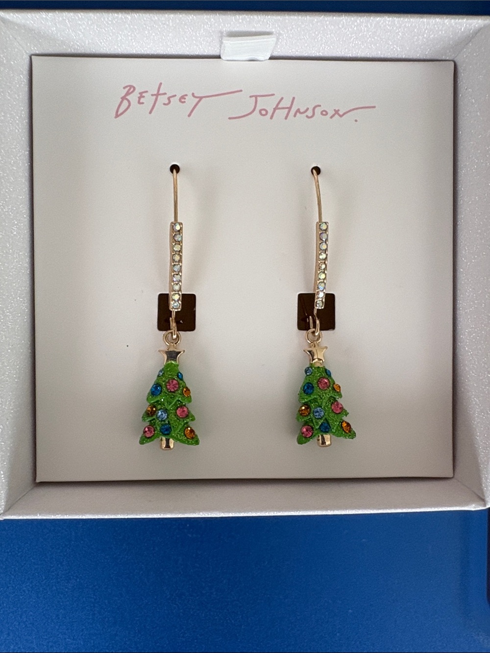 Betsey Johnson Green Crystal Christmas Tree Drop Earrings